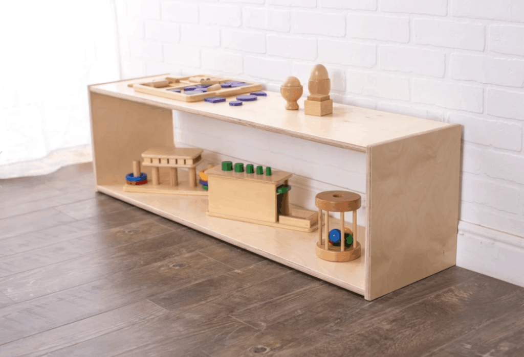 Montessori shelves with shelf work