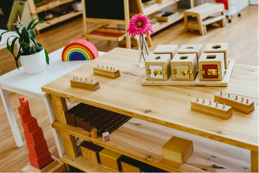 montessori wooden toys in a classroom