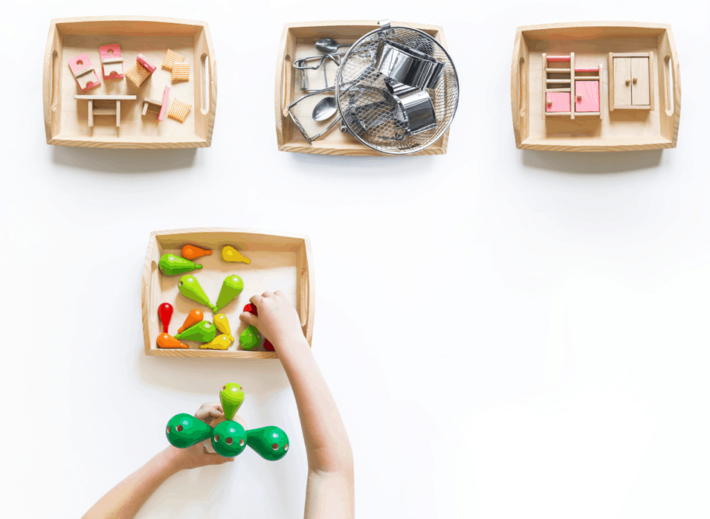 Montessori trays with activities and materials