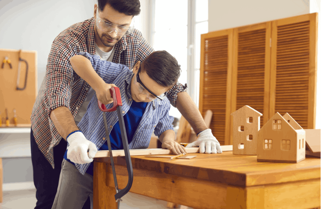 father woodworking with son