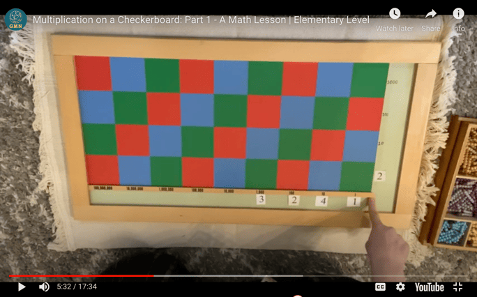 Video Showing how to teach multiplication on Montessori Checkerboard