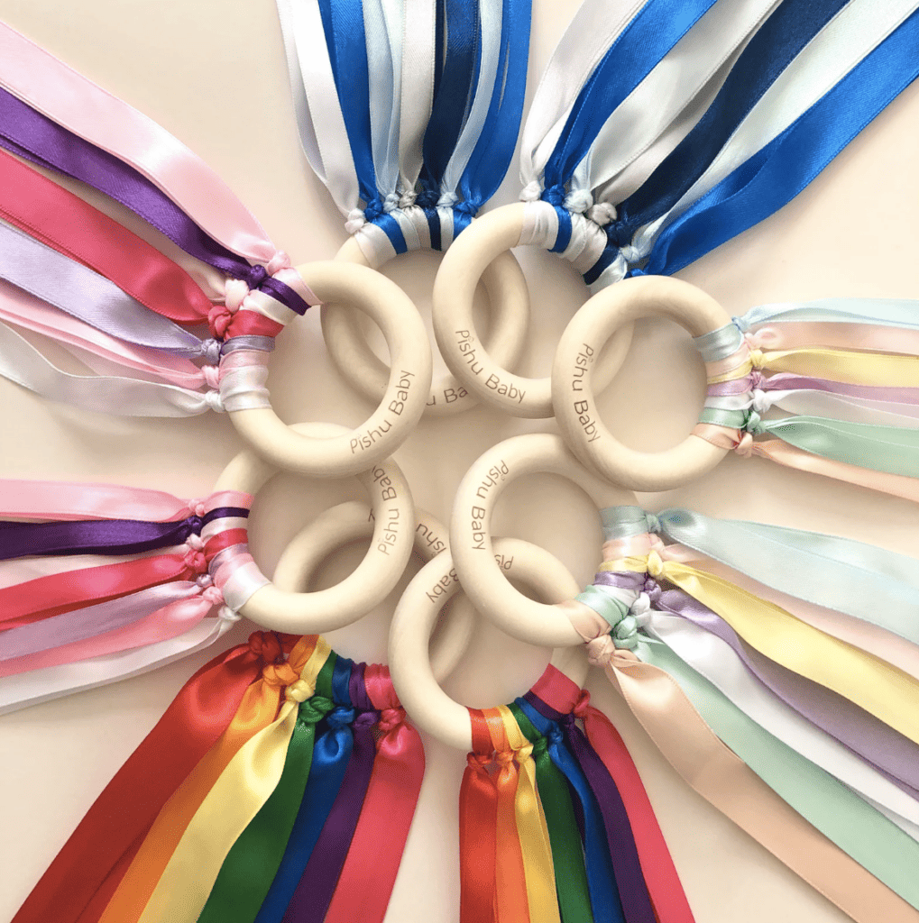 Montessori teether with ribbons aka hand kite