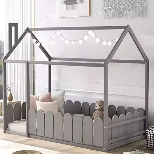 MERITLINE House Bed Twin Size Kids Bed Frame pinch Roof and Fence, Box Spring Needed